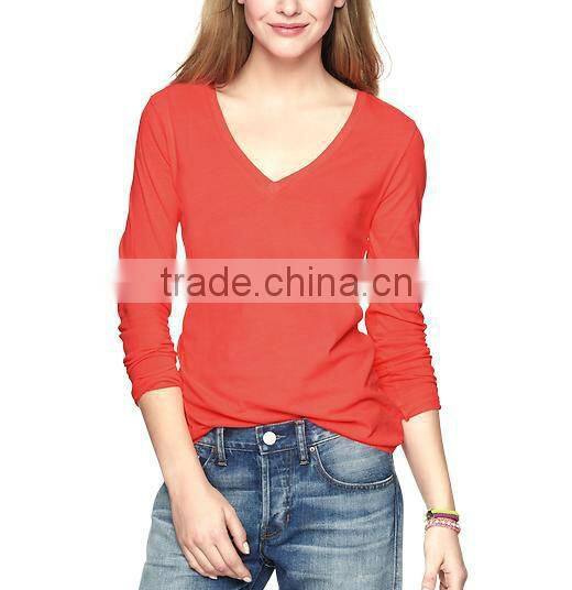 100% cotton womens deep v neck long sleeve t shirts