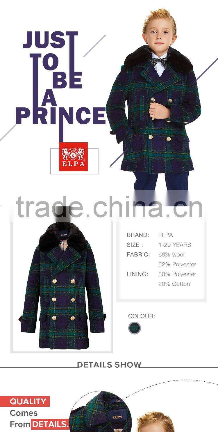 ELPA 2016 Kid's coats latest design plaid Luxury wool coat for winter