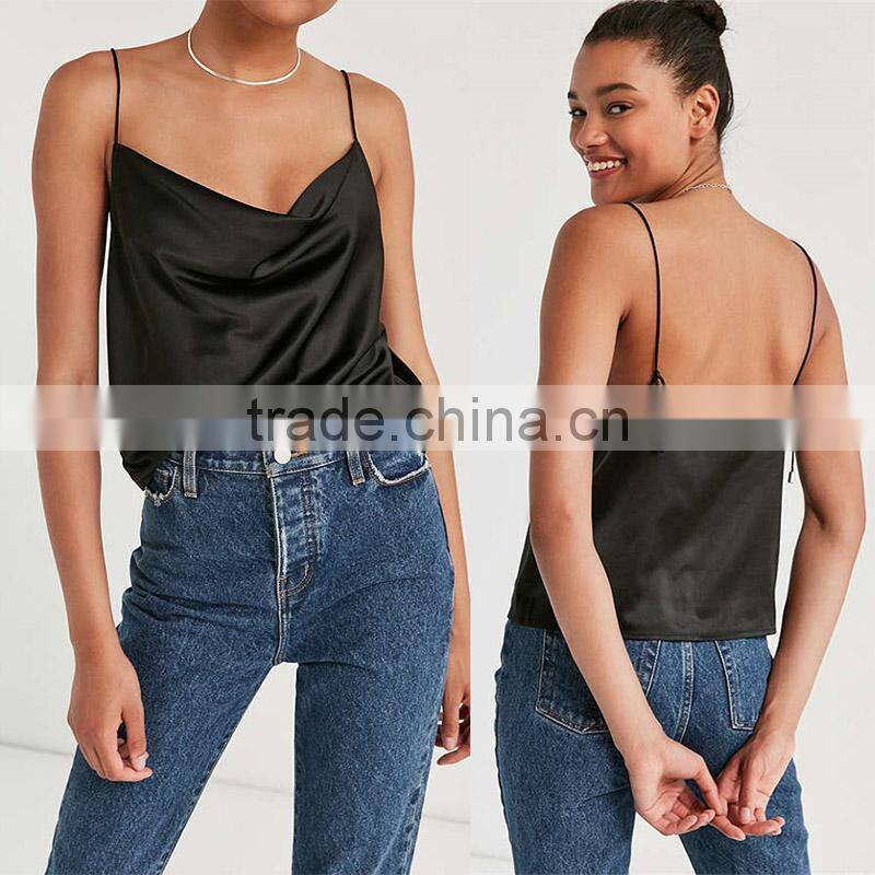 Loose fit soft silk cowl neck spaghetti straps open square back halter top cami