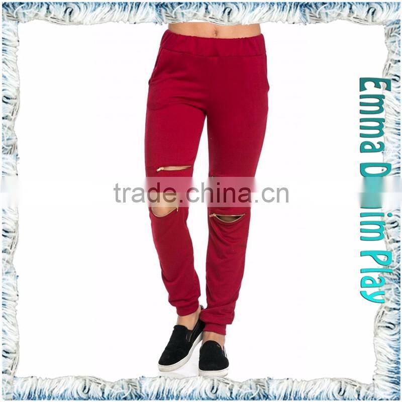 2017 Women High End Gold Zippers Knee Burgundy Jogger Pants