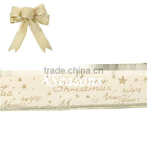 Pale Yellow "Merry Christmas" Star Pattern Velvet Satin Ribbon For Christmas Decoration 5.0cm