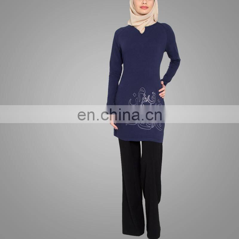 Daily Muslim Ladies Wear Muslim Abaya Script Designer Long Navy Islamic Tunic Muslim Tunic Tops