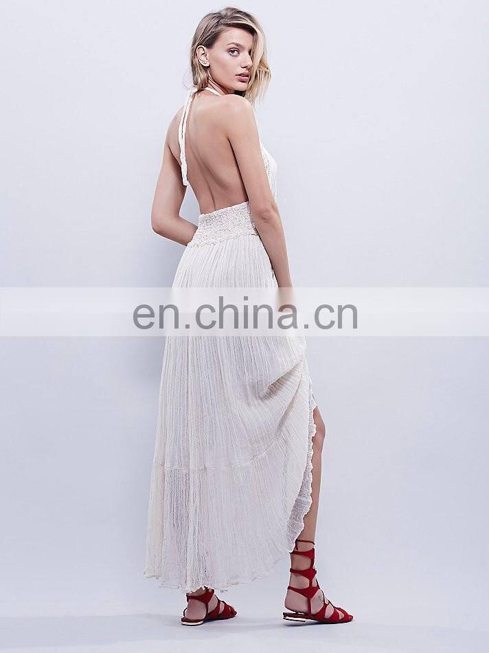 High qaulity lace trim cotton gauze maxi dress ,fashion woman cotton party dress