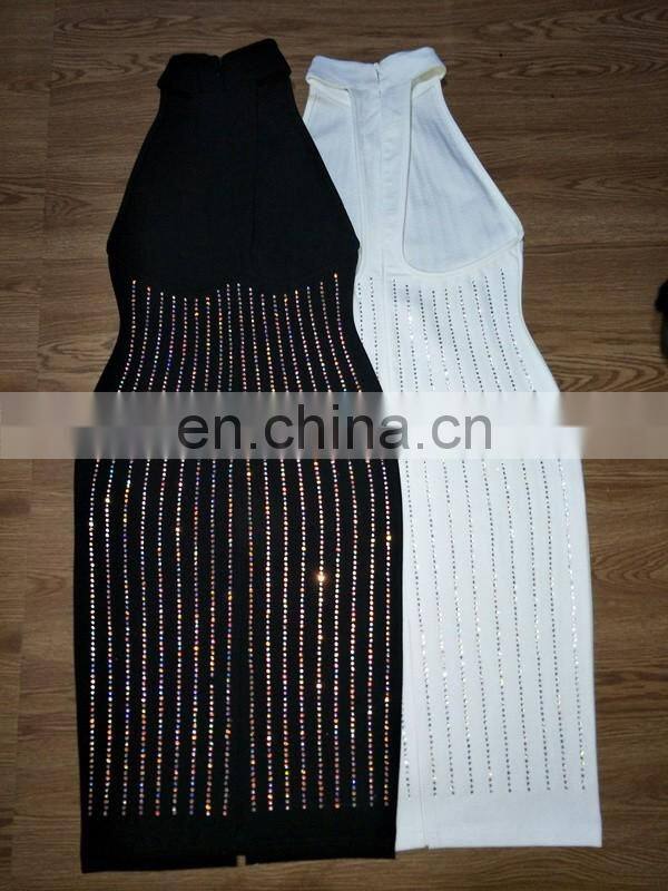 Amigo 2017 new design sexy black 100% cotton halter slit full hot-fix rhinestone evening dresses for ladis party wear