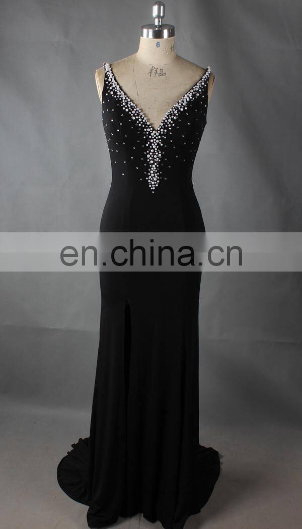 2016 black bead V neck side split sexu back open evening dress