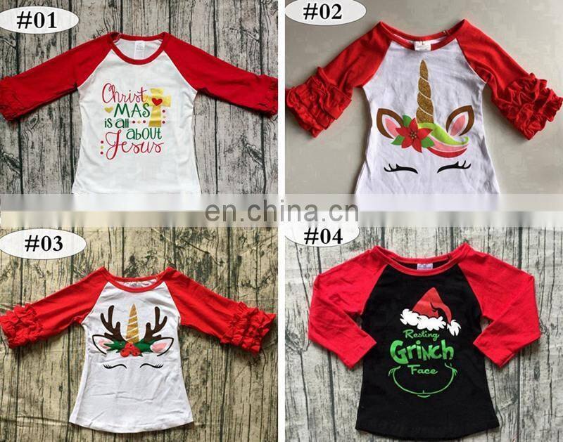 Halloween Baby Girl Ruffle Raglan gold pumpkins Tshirts Kids Ruffle rainbow Tops Santa Boys Clothes