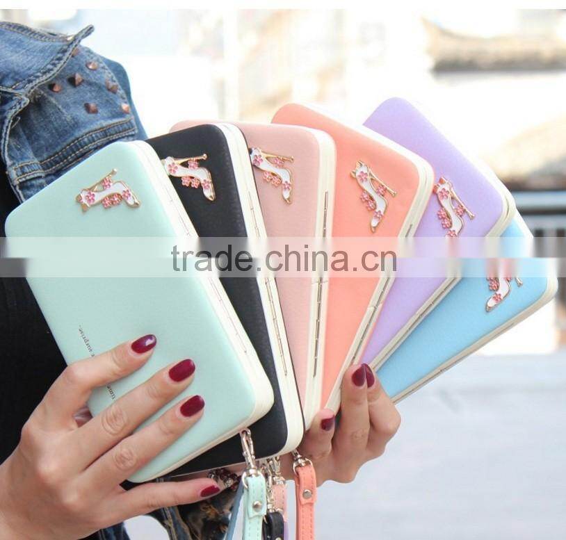 carteira feminina 2015 famous brand wallet high quality PU leather girl cluth Double Zipper purse Decorated with high heeled