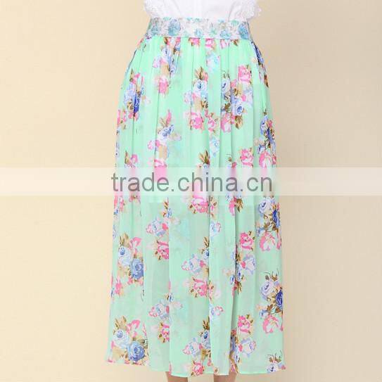 Summer Floral Green Chiffon Business Suit for Women Skirt