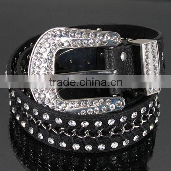 Wholesale Women's One Line Rhinestone Orange Leather Stud Accent Belt