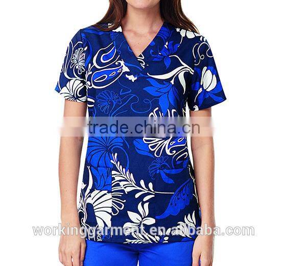 Wholesale OEM Popular New Style 100% Cotton Women's V-Neck Botanical Print Scrub Top/Hospital uniformTop