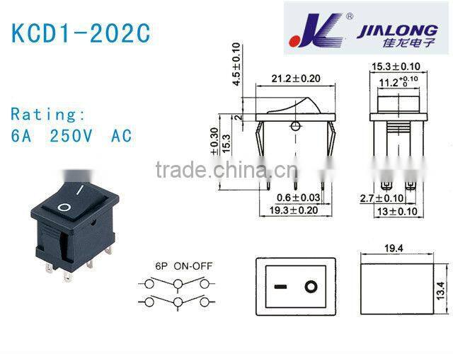 6pins on-off 6P 6A 250V AC illuminated rocker switches DPDT double pole double throw rocker switch KCD1-203C-T