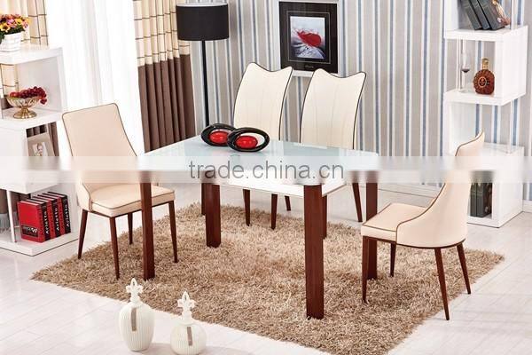glass top wooden color steel leg dining table with tempered glass top