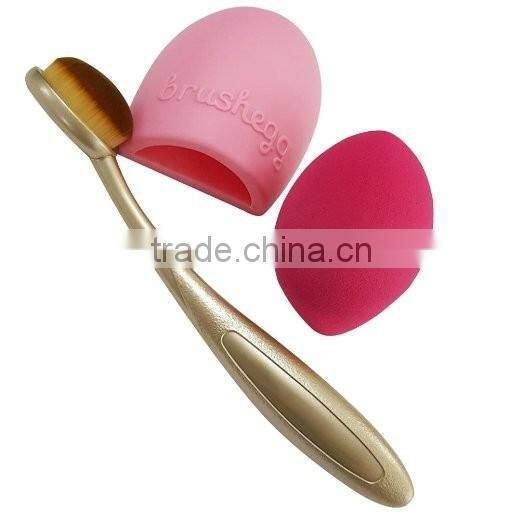 Cosmetic Cream Powder Blush Oval Makeup Brush+ Sponge Blender Flawless Puff+Brush cleaner