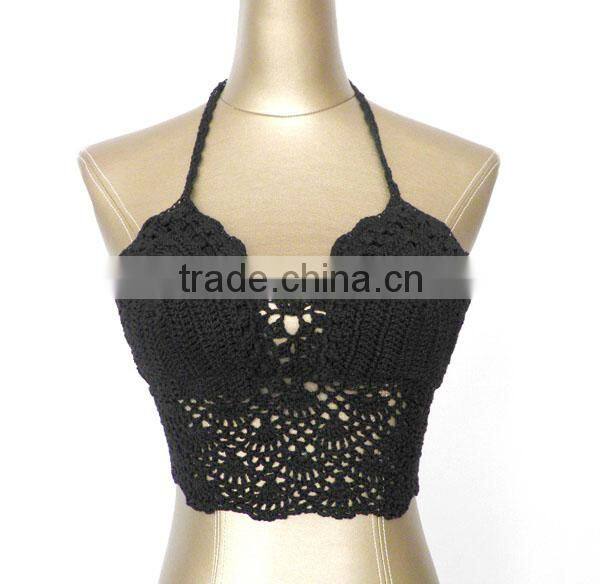 Cotton/polyester black women beachwear crochet knitting bikini in top