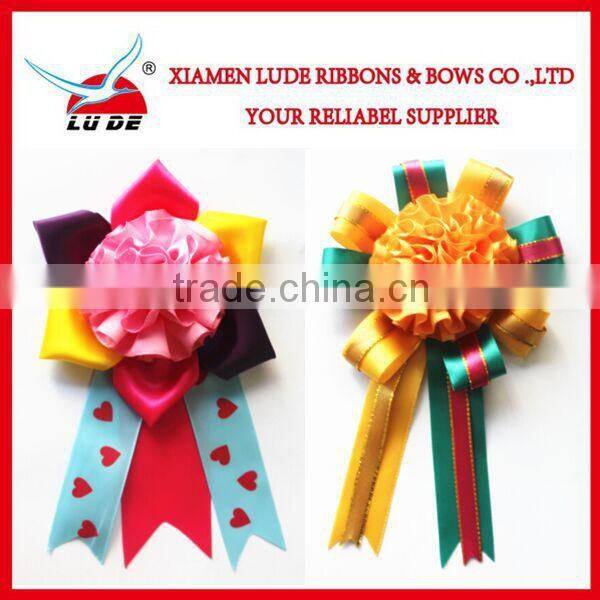 2015 handmade various type of satin ribbon flower rosette/award ribbon rosette