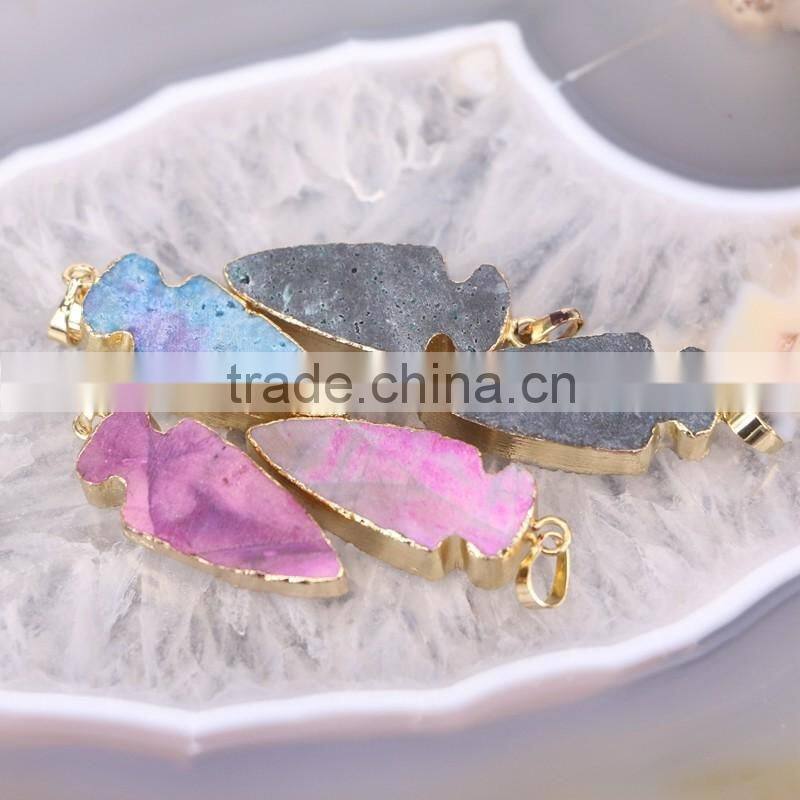 Titanium Agate Quartz Stone Pendant, Gold Plated edged Arrow Gem stone Pendant, For Jewelry Making