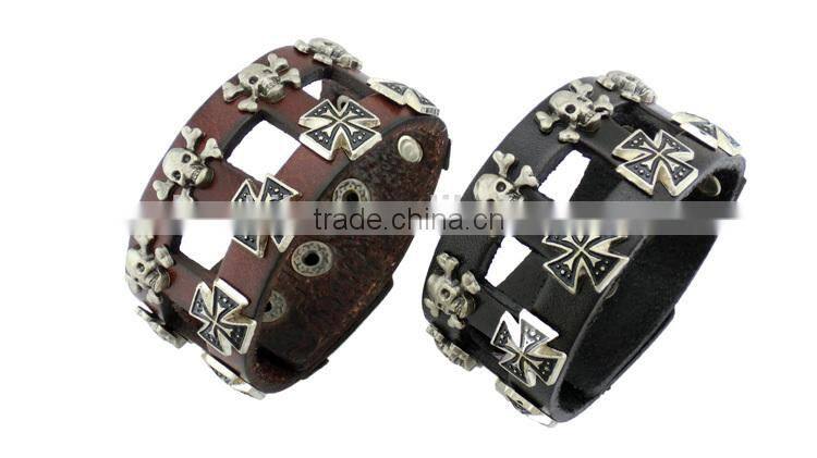 Cool Rock Leather Skull Bracelet Button Adjustable
