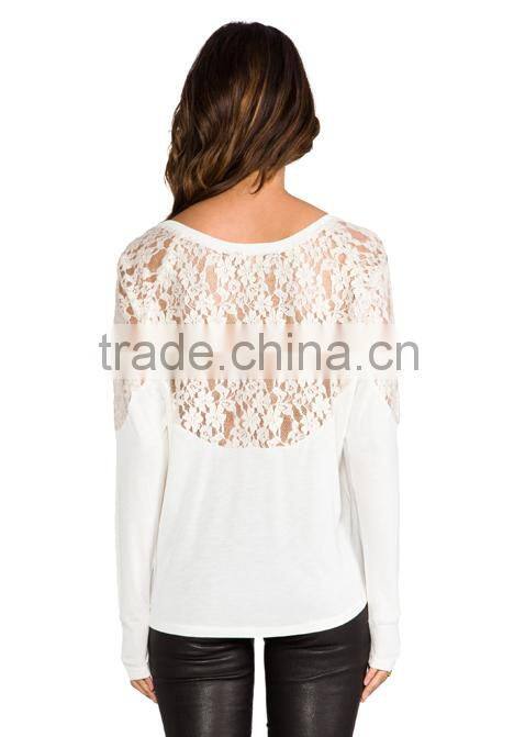 long sleeve fashion women tops ivory lace inserst Korean style crop tops