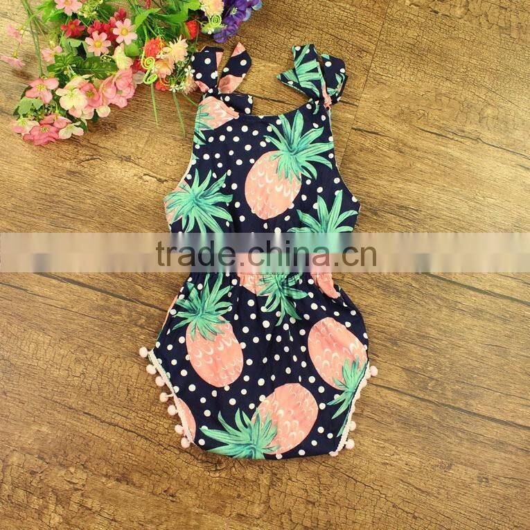 100% cotton toddler girl summer fruit print pom pom floral baby clothes romper first birthday pom girls jumpsuit