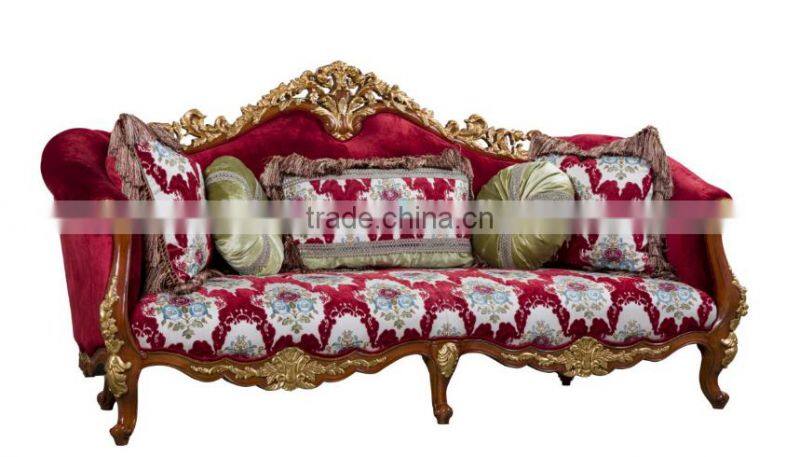 New design European living room solid wood hand carving red flower pattern fabric sofa set