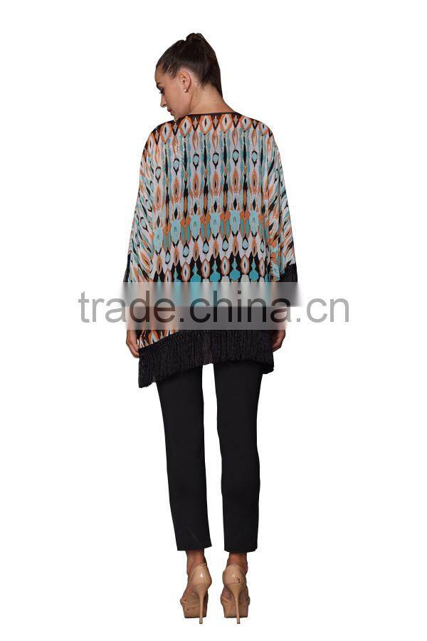 2015 New Satin Gowns Tassel Design Print Kimono Cardigan