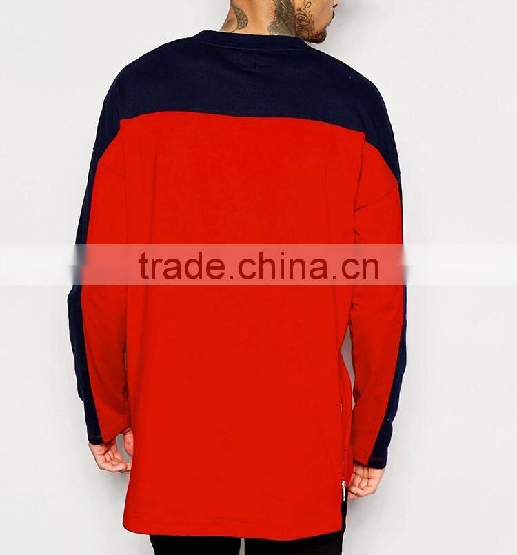 Hot Sale Fashion Streetwear Contrast 100% Cotton Longline Long Sleeve T Shirt with Side Zipper Blank Oversized T Shirt