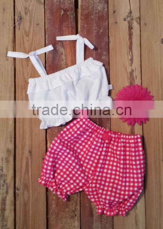 New Fashion Baby Clothes Outfits Toddler Kids Summer Wear Plain White Top And Red Gingham Short Clothing Set