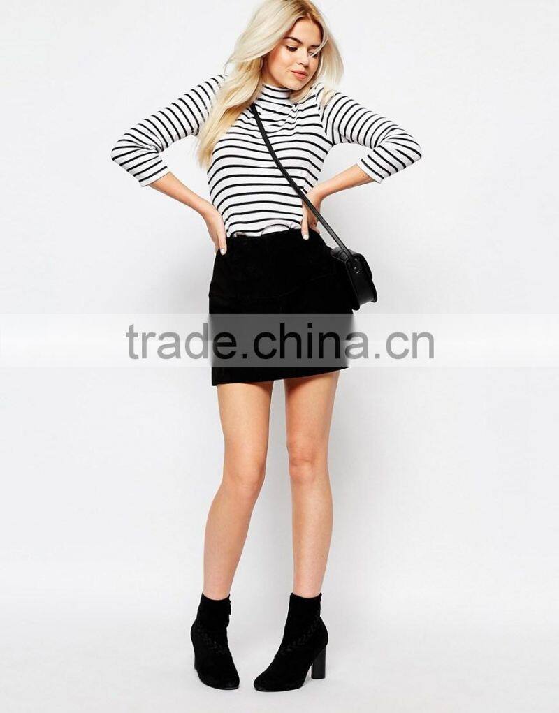 New design simple fashion stripe roll neck 3/4 sleeve t- shirt for lady