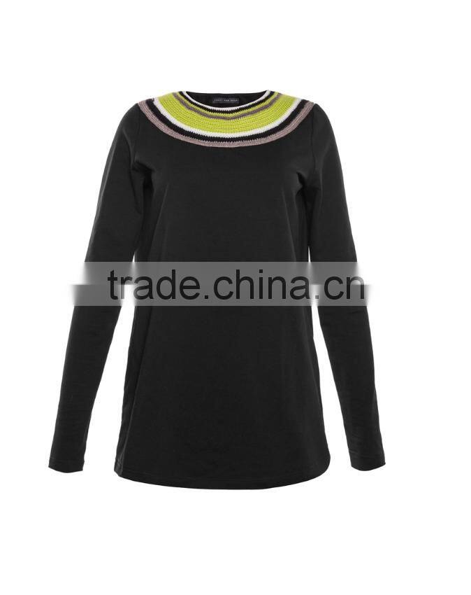 women fashion black casual t-shirts with colorful neckline design