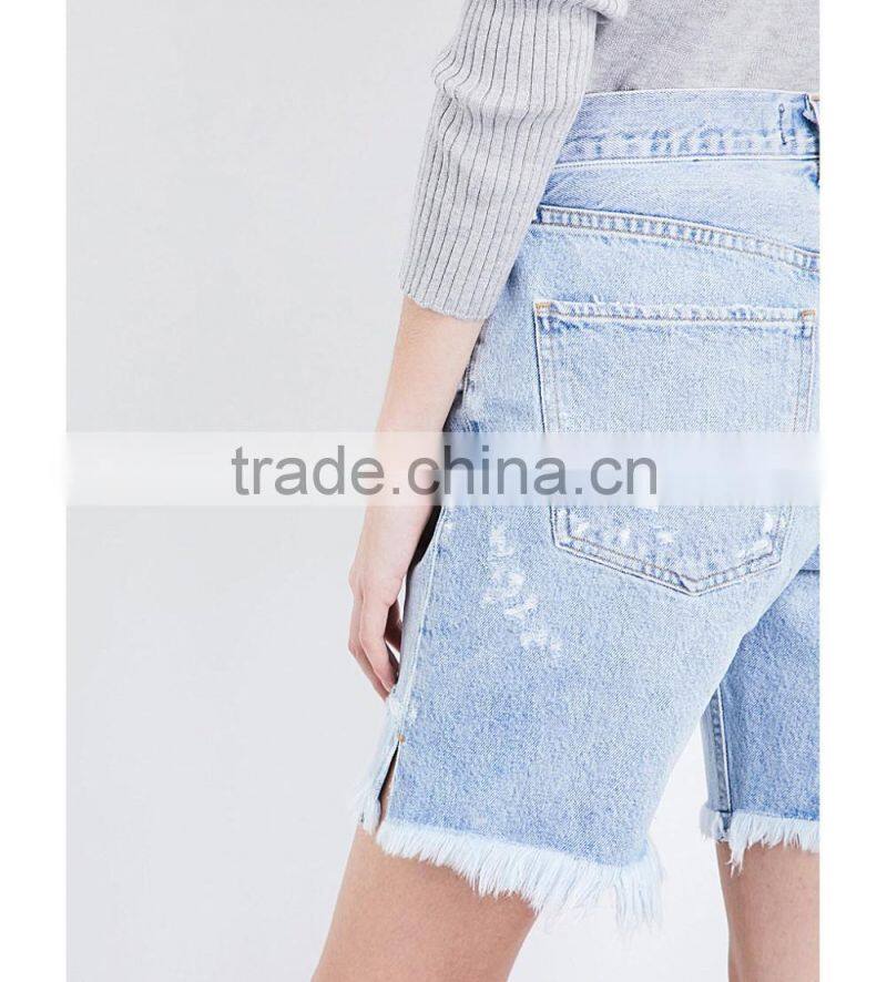 2017 hot sale OEM fashion style high-rise cotton boyfriend blue denim jeans shorts