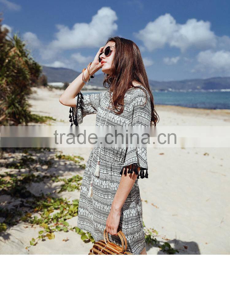 Summer dress for women new national style printing dresses with ropes short sleeve V-neck elegant beach dresses