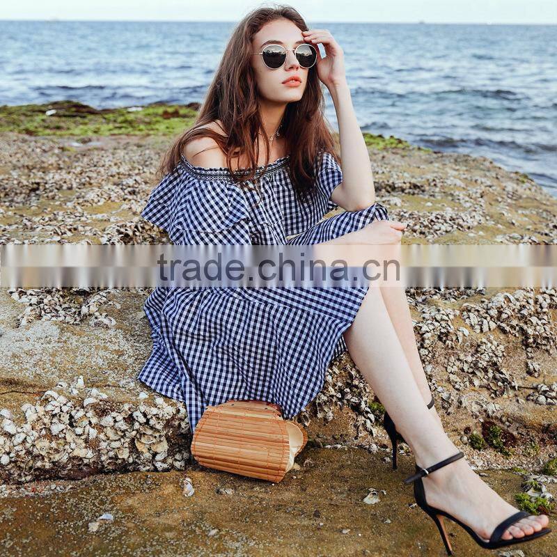 Dresses in casual Dresses Sweet And School Style Off Shoulder Blue&White High-Waist Slim Ruffle Dress