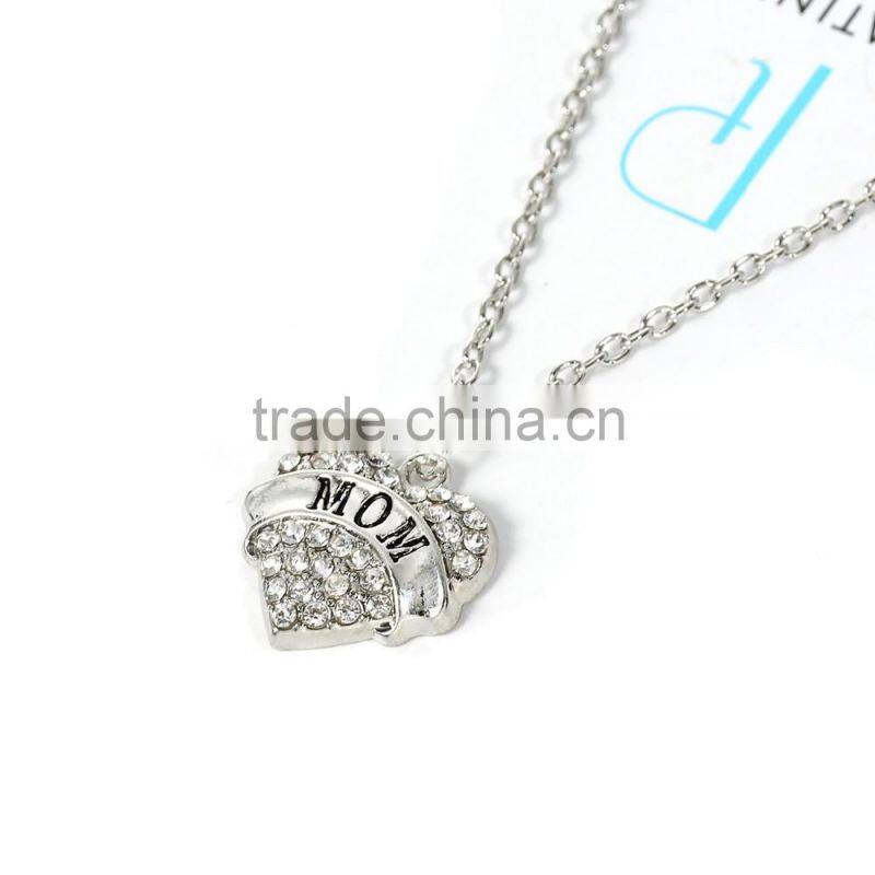 New Fashion Silver Tone " Mom " Carved Heart Pendant Clear Rhinestone Link Cable Chain Necklace