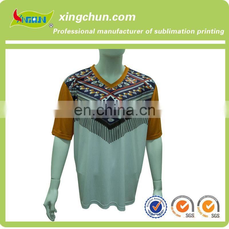 wholesale national style men's v-neck dye sublimation printed T shirt made in china