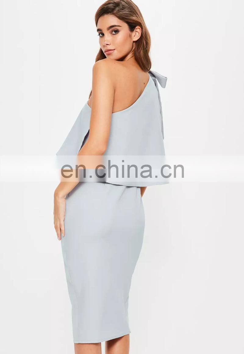 Crepe One Shoulder Bow Sleeve Midi Dress Woman Bulk Wholesale Clothing