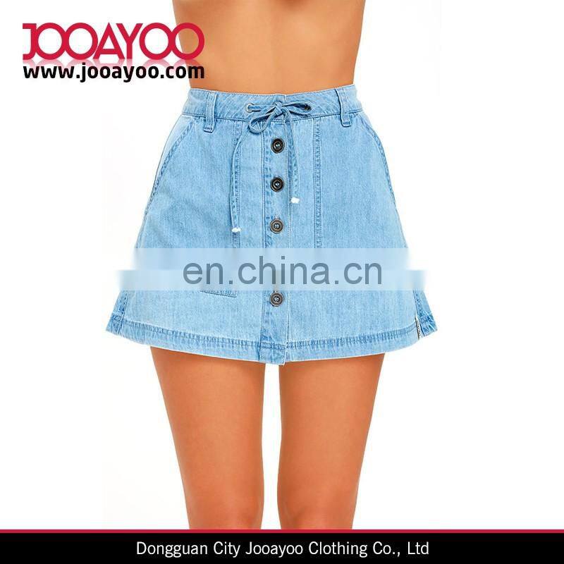 Light Wash Chambray Drawstring Waist Antiqued Silver Button Placket Skirt