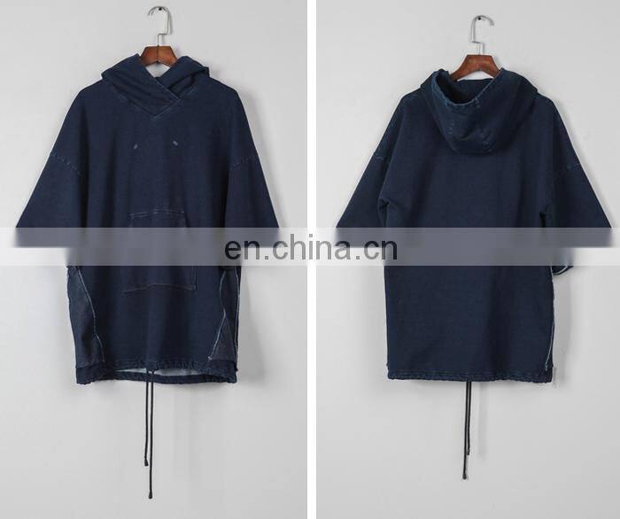 2017 Winter Women Loose Casual Drop Shoulder Indigo Blue Pullover Hoodie With Front Pocket