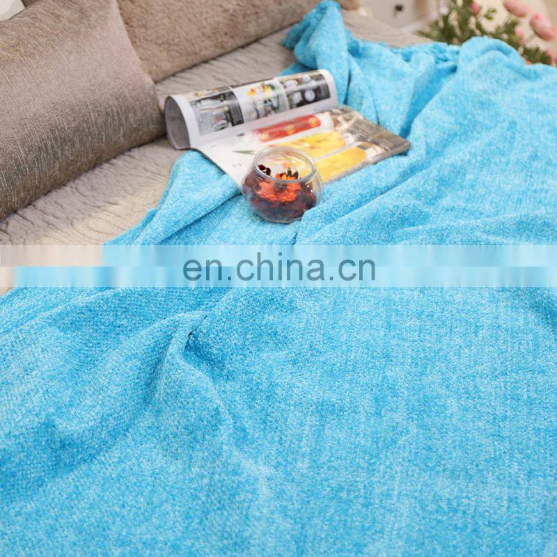 100%Polyester Soft Blue Chenille Blanket Throw with Fringe for Home Bed Sofa Couch Chair
