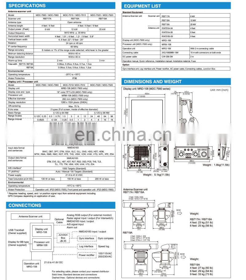 Marine electronics navigation communication koden MDC-7920 7925 96NM 25KW 19'' open array antenna X BAND vessel marine radar