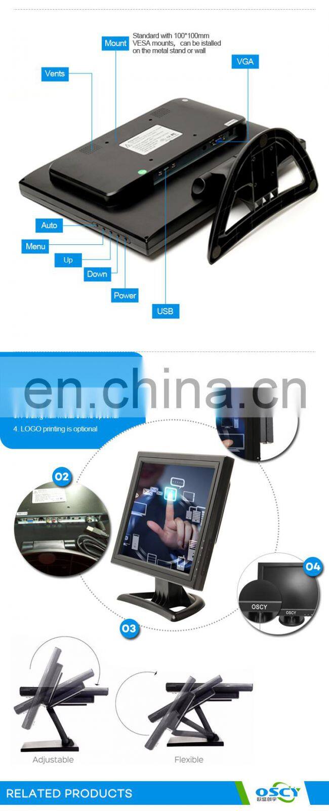 15 Inch LCD Monitor TV with HD&USB Touch screen display for shop