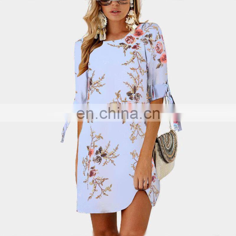 Manufacturers wholesale custom women's chiffon printed round neck three-quarter sleeve dress casual fashion short skirt plus