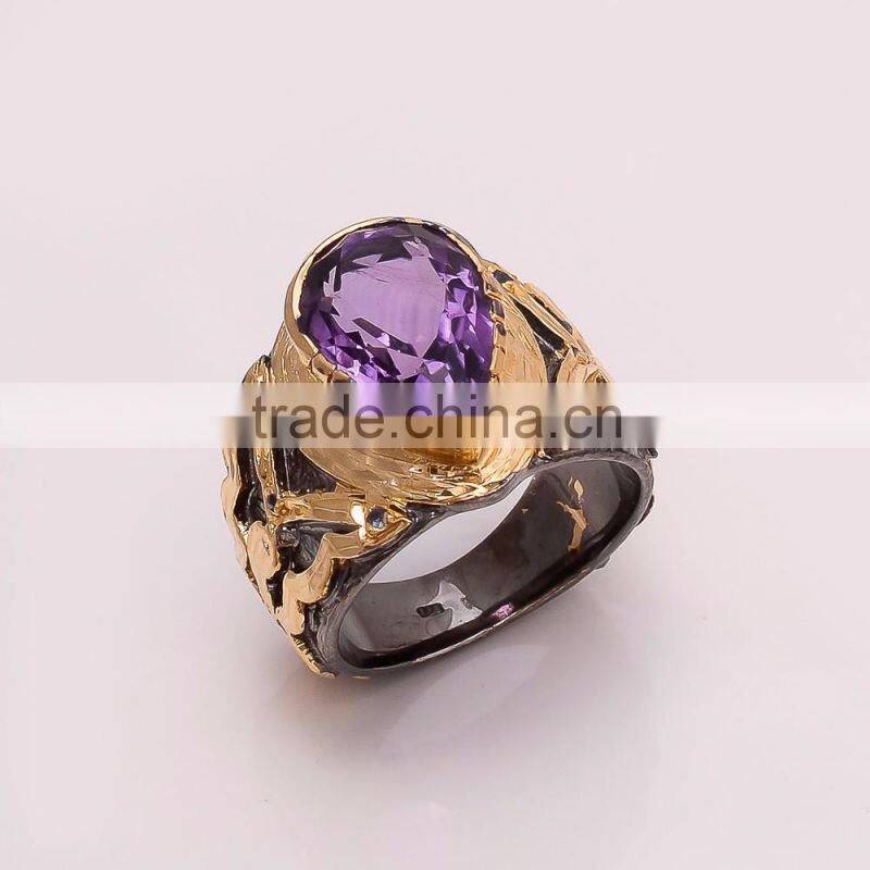 925 SOLID STERLING FINE SILVER AMETHYST RING BLACK & GOLD RHODIUM