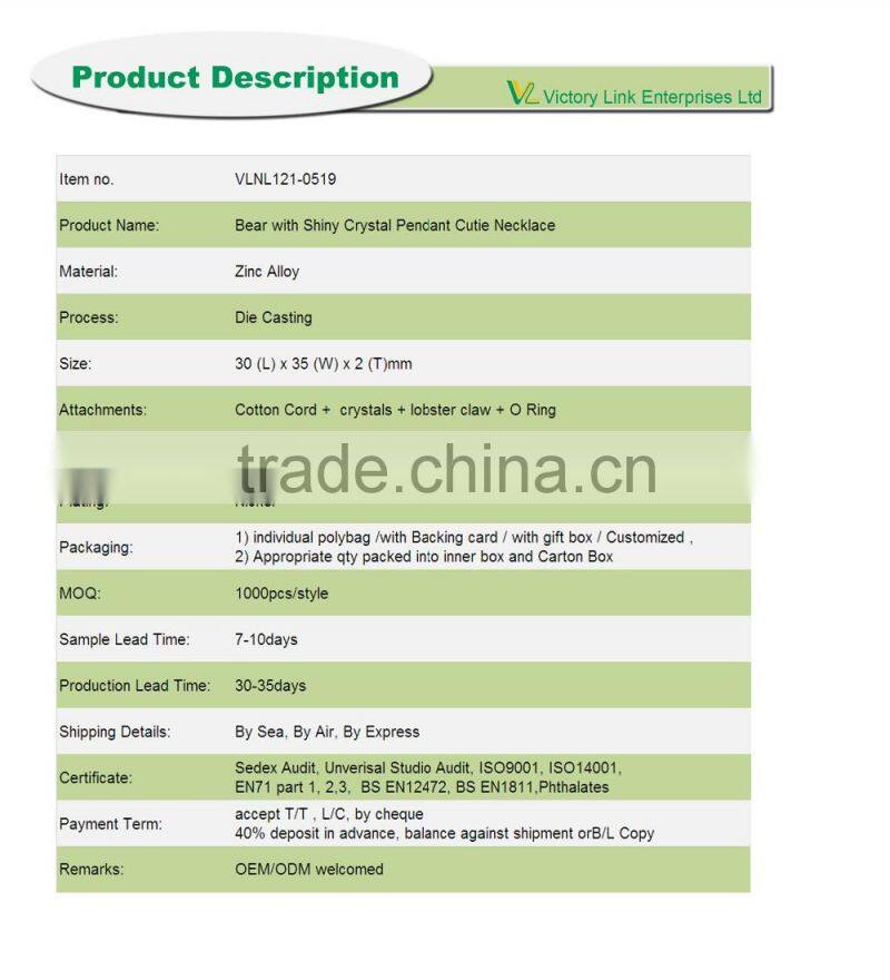 Bear with Shiny Crystal pendant Cutie Necklace