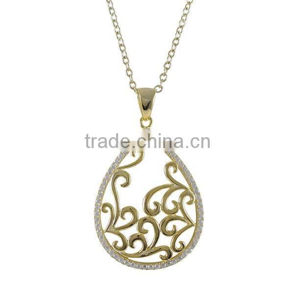 Sterling Silver Gold Finish Cubic Zirconia Filigree Teardrop Necklace