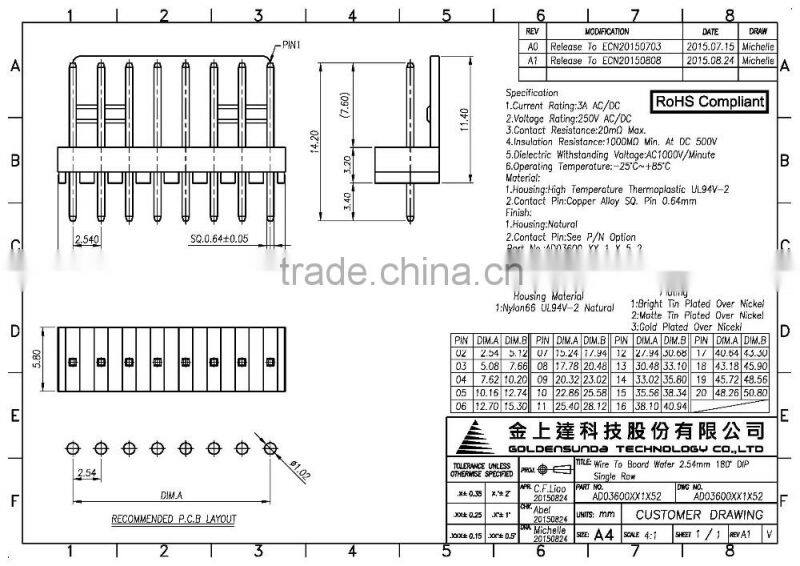 2.54mm Pitch 2~20 pin Available DIP 180D Wire to PCB 7 Pin Connector