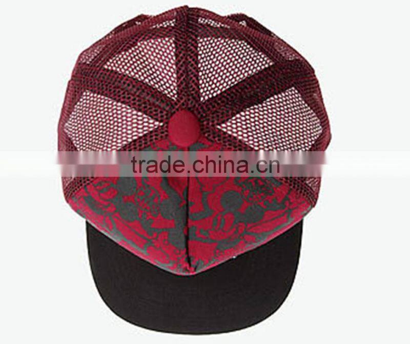 red wine flat brim trucker cap with foam mesh hat