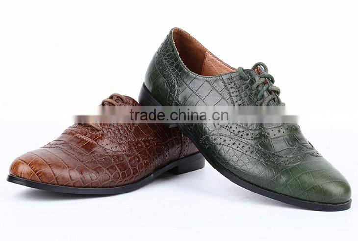 (E1133-3) Classic design crocodile leather comfortable flat casual lace up oxford lady leather shoes with punching holes