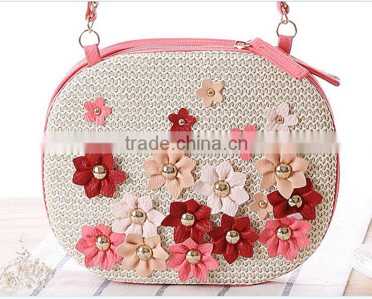 2016 Ladies Paper straw with flower lady straw basket beach bag with string