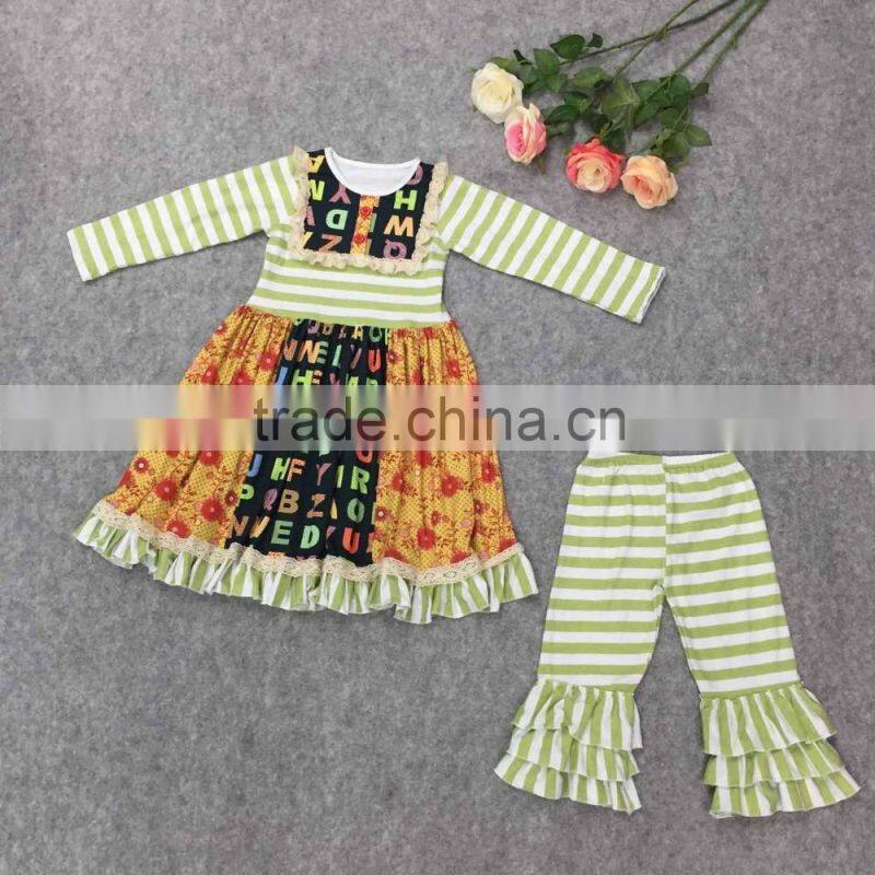 Yiwu koya christmas Stripes Outfit Kids Winter Boutique Giggle Moon Remake outfit with pant Ruffle adorable Baby Girl Outfit