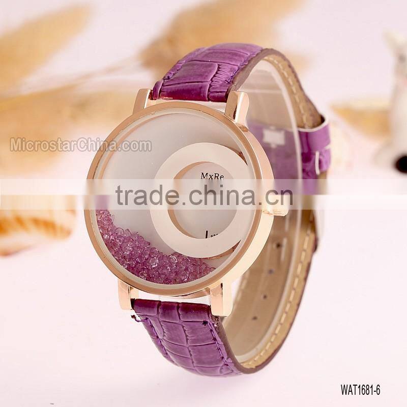 Elegant Women Quicksand Faux Leather Band Bracelet Round Dial Analog Wrist Watch